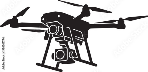 Drone, aerial, vector icon, black silhouette, flying quadcopter
