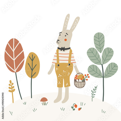 Scandinavian forest bunny with basket flat vector illustration, cute woodland character with copy space