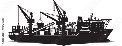 Cargo ship, industrial vessel, black silhouette, vector illustration, maritime icon