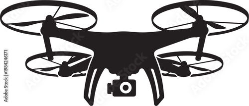 Black drone icon, drone silhouette, aerial vehicle, quadcopter symbol