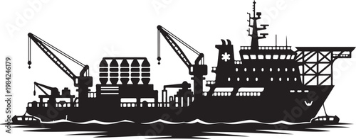 Cargo Ship, Industrial Vessel, Black Silhouette, Vector Illustration, Maritime Icon