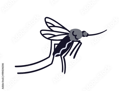 Mosquito flying. Aedes insect with proboscis, wings, side view. Gnat, malaria and fever carrier. Bloodsucker pest, bloodsucking bug. Small fauna. Flat vector illustration isolated on white background
