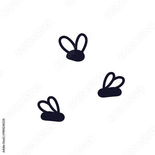 Flies group flying. Winged insects fly. Doodle style summer bugs, black drawn...