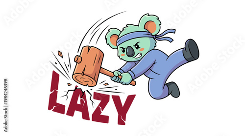 Energetic cartoon koala heroically smashing 'LAZY' with a mallet, a dynamic illustration representing the powerful act of overcoming procrastination and effectively smashing laziness