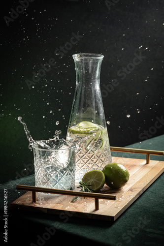 Dynamic ice splash in a glass of lime water on a wooden tray with carafe