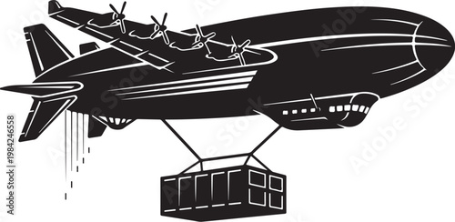 Airborne cargo delivery, black airship dropping container, industrial vector graphic