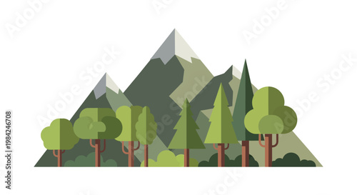 A stylized flat vector illustration depicts a mountainous forest scene with trees showcasing a dark silhouette high quality professional detailed modern