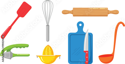 Kitchen Cooking Utensil Set with Spatula, Whisk, Rolling Pin, Cutting Board, Knife, Ladle, and Juicer for Culinary Design Projects