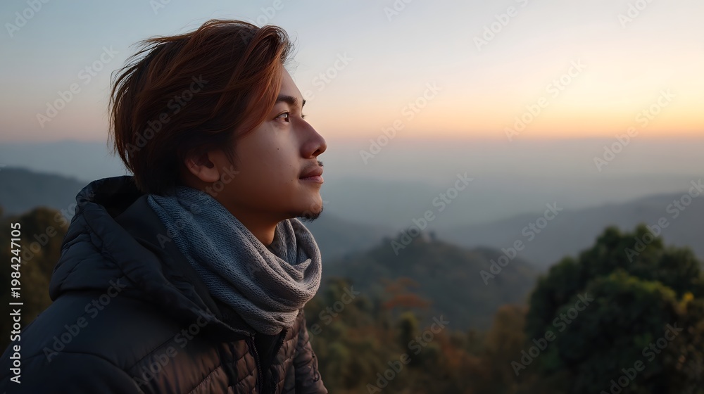 Fototapeta premium A thoughtful profile portrait of a person viewing the expansive sunrise over distant mountain ranges at dawn