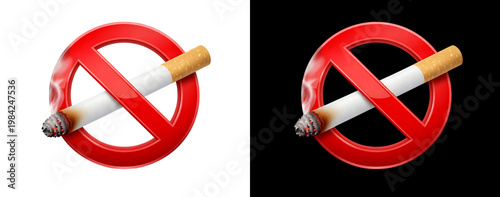 No smoking sign with lit cigarette and smoke on black background.