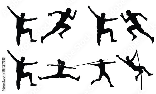 Group of athletic silhouettes showing various track and field jumping and throwing actions