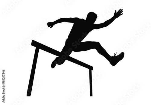 Black silhouette of an athlete jumping over a hurdle during a track and field competition