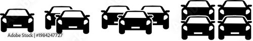 Vector car sequence icons showing growth from one vehicle to a small fleet or traffic jam