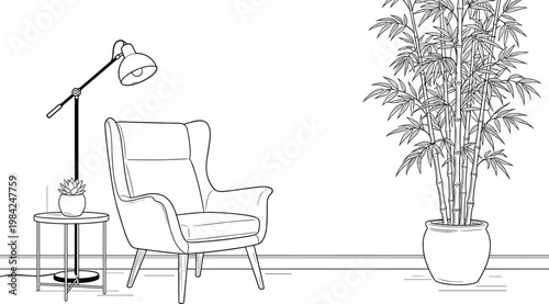 Cozy reading corner interior line art illustration with armchair floor lamp side table and indoor plant, home relaxation and comfort concept