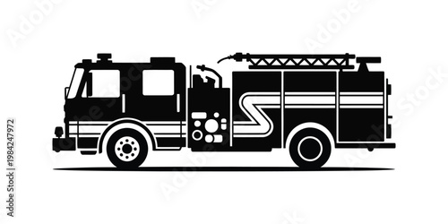 Fire Rescue Truck Silhouette Vector, Emergency Fire Engine Black Icon, Firefighter Response Vehicle Design on White Background