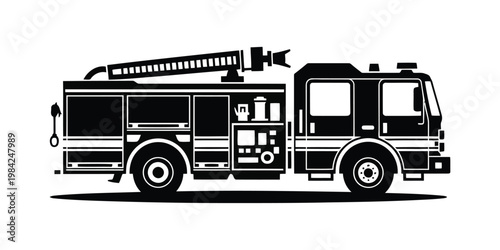 Fire Rescue Truck Silhouette Vector, Emergency Fire Engine Black Icon, Firefighter Response Vehicle Design on White Background