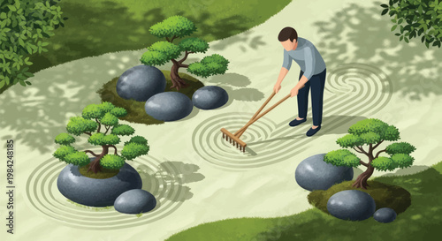 Isometric Illustration of a Man Raking a Serene Japanese Zen Garden, Creating Calming Patterns in the Sand Amidst Bonsai Trees and Smooth Stones for Peace and Mindfulness