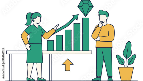 Wallpaper Mural Illustration of a woman and man analyzing a green bar graph with an upward trend on a table with a plant in a pot. Torontodigital.ca