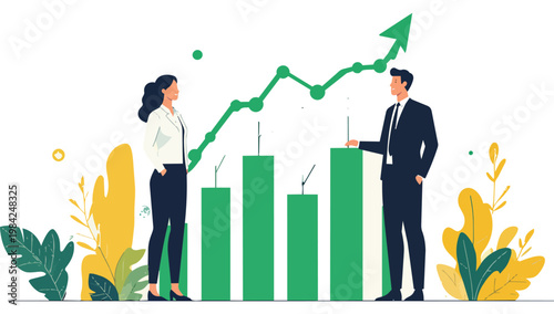 Wallpaper Mural Illustration of a businesswoman and businessman discussing a green bar chart with an upward trend on a white background with yellow and green plants. Torontodigital.ca