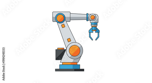 A colorful illustration depicts a robotic arm with a gripping claw showcasing industrial automation and technology silhouette high quality professional detailed