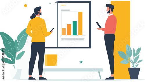 Wallpaper Mural Two coworkers discussing a bar graph on a screen in a modern office setting with plants and a minimalist aesthetic. Torontodigital.ca