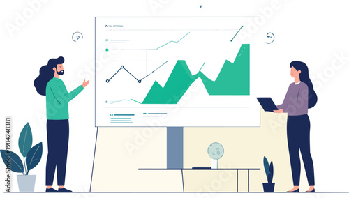 Wallpaper Mural Two businesswomen standing in front of a large screen displaying a green graph in a modern office setting with a white background. Torontodigital.ca