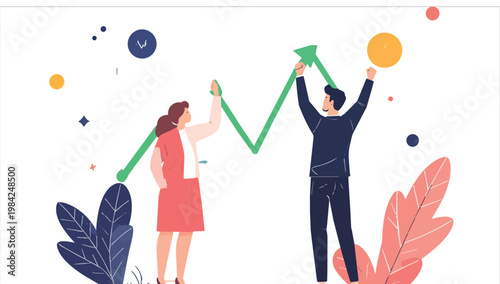 Wallpaper Mural Illustration of a businesswoman and businessman holding green and yellow shapes with leaves on a white background with colorful dots. Torontodigital.ca
