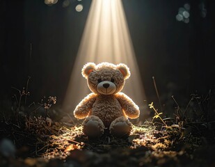 Cute teddy bear illuminated by soft light in a dark forest with nature elements surrounding it