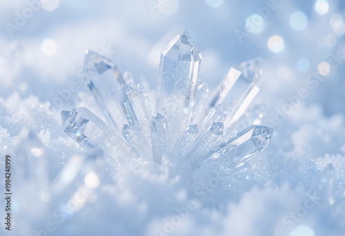 Crystal Ice Quartz Cluster in Snow Macro Background – Frozen Transparent Gemstone Formation, Winter Frost Abstract Nature Texture, Luxury Blue Sparkling Mineral Close-Up.