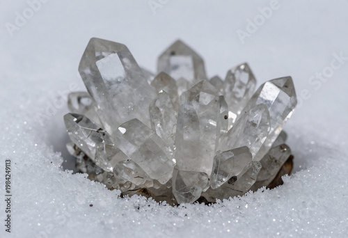 Natural Quartz Crystal Cluster in Snow – Raw Transparent Gemstone Mineral Macro Close-Up, Frozen Winter Ice Crystal Formation, Sparkling White Luxury Nature Background Texture.