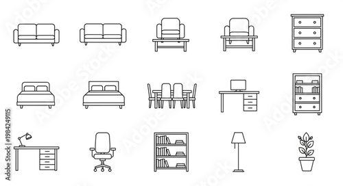 Collection of hand drawn furniture icons for interior design.