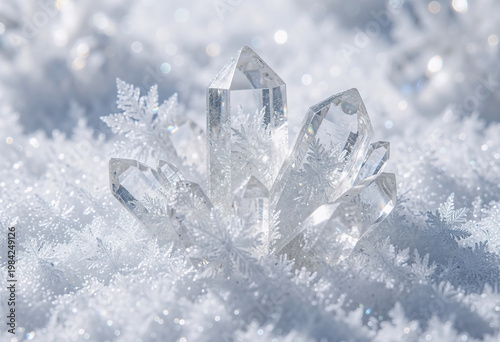 Crystal Quartz Cluster with Snowflakes in Frost – Transparent Ice Gemstone Macro Close-Up, Frozen Winter Sparkling Mineral Formation, Elegant White Luxury Nature Background.