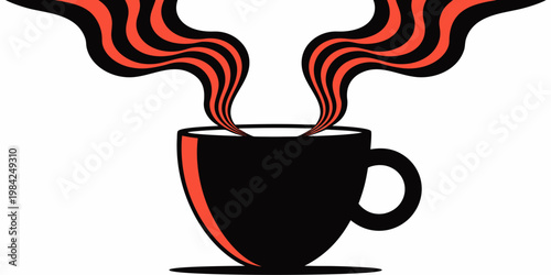 Abstract illustration of a black coffee cup with wavy orange and black steam trails beverage caffeine breakfast abstract illustration espresso cappuccino refreshment hotdrink creative