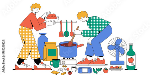 Two people preparing healthy meal in modern kitchen flat vector with preparation vegetables nutrition lifestyle culinary gastronomy ingredients wholesome illustration preparing kitchenware