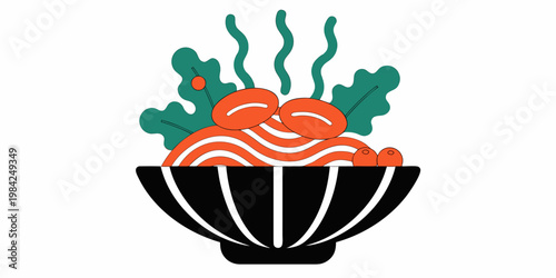 Graphic illustration of a bowl of hot noodles with restaurant illustration garnished prepared delicious stylized appetizer nourishing steaming