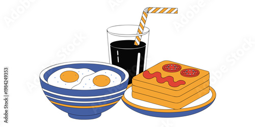 Breakfast set featuring fried eggs in a bowl with toast and a glass of drink breakfast illustration colorful nutrition vegetarian delicious restaurant homemade minimalist vitamins lifestyle