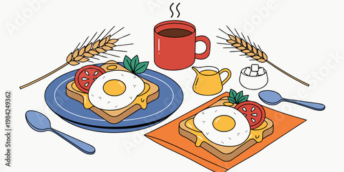 Breakfast meal illustration featuring fried eggs on toast and coffee breakfast culinary illustration nutrition restaurant beverage domestic lifestyle colorful ingredients