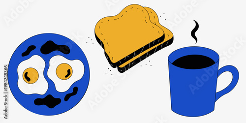 Minimalist breakfast scene with two fried eggs and slices of toasted bread with coffee breakfast illustration colorful nutrition vegetarian delicious restaurant homemade minimalist vitamins
