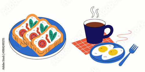 Breakfast scene with toasted bread and fried eggs illustration breakfast illustration nutrition restaurant beverage domestic lifestyle colorful tomatoes