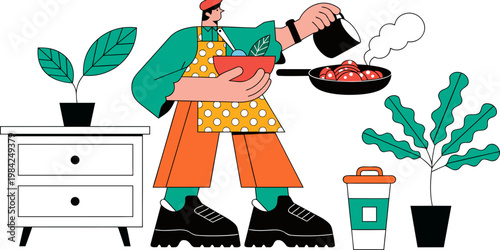 Cartoon illustration of a person cooking in a modern kitchen setting with preparation culinary lifestyle appetizer ingredients utensils vegetables interior furniture illustration minimalist
