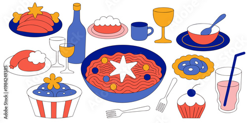 Flat vector illustration of a festive holiday feast with various dishes and drinks celebration sausages beverage illustration culinary restaurant abstract minimalist decorative drinking