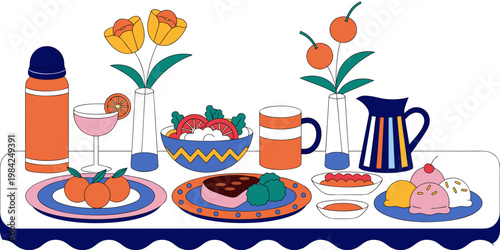 Table spread with delicious dishes drinks and fresh flowers for a festive dinner ice cream home dining home life culinary arts dining experience homemade gastronomy nutrition lifestyle