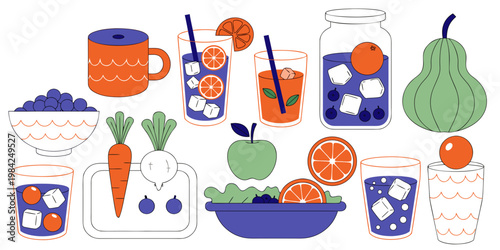 Assortment of fresh healthy food items with vegetable and fruit juices in a flat graphic style lifestyle choices vegetable beverage nutrition wellness ingredients refreshment colorful