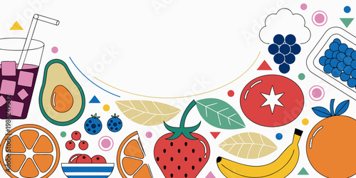 Healthy food and fresh fruit harvest background with avocado strawberry and citrus drink illustration plant based nutrition strawberry blueberry smoothie background illustration colorful