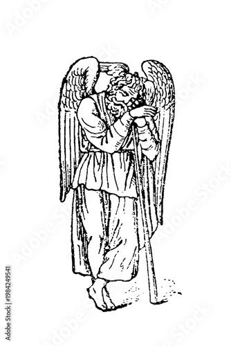 Obraz na plátně Morpheus, pensive angel resting on staff with folded wings, serene reflection, detailed black-and-white old vintage illustration, 1897