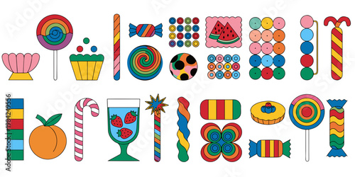 Patterned collection of retro-style sweet treats including lollipops colorful candies dessert cups with colorful candy sweet treat graphic element sweet tooth dessert icon snack time sugar rush
