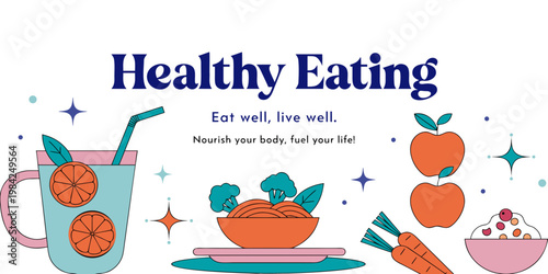 Healthy eating and lifestyle concept banner with fresh fruit vegetables and smoothie drink eating well being plant based nutrition lifestyle wellness vegetable smoothie broccoli
