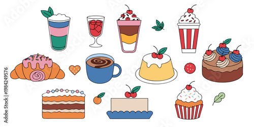 Collection of assorted cakes and drinks graphics with illustration beverage croissant confectionery delicious colorful collection desserts breakfast beverages refreshment branding