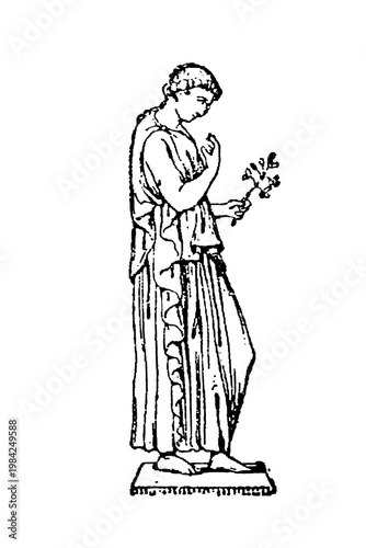 Obraz na plátně Nemesis, Classical Statue of Robed Goddess Holding a Branch, Serene and Antique Aura, Old Vintage Illustration, 1897