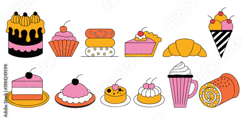 Selection of sweet pastries and cakes vector illustration with bakery shop menu design whipped cream roll cake ice cream sweet tooth pastry shop croissant illustration confectionery colorful